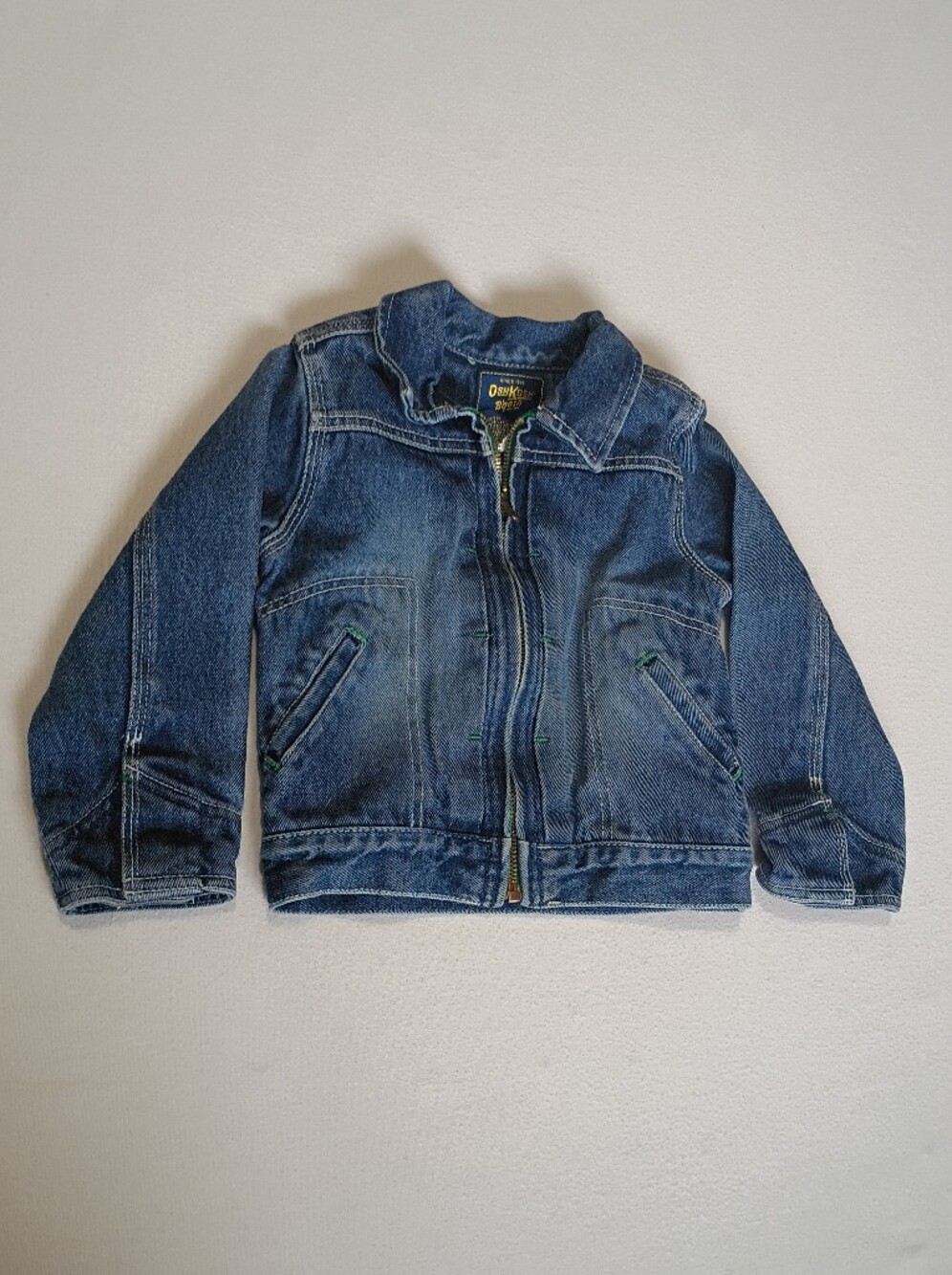 Vintage Y2K OshKosh Bgosh Zip Up Denim Jacket 4T Contrast Green Stitch Workwear